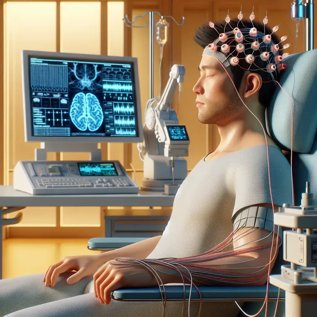 "Paralyzed patient using a brain-computer interface to control robotic limbs, demonstrating advanced technology in neuroprosthetics."