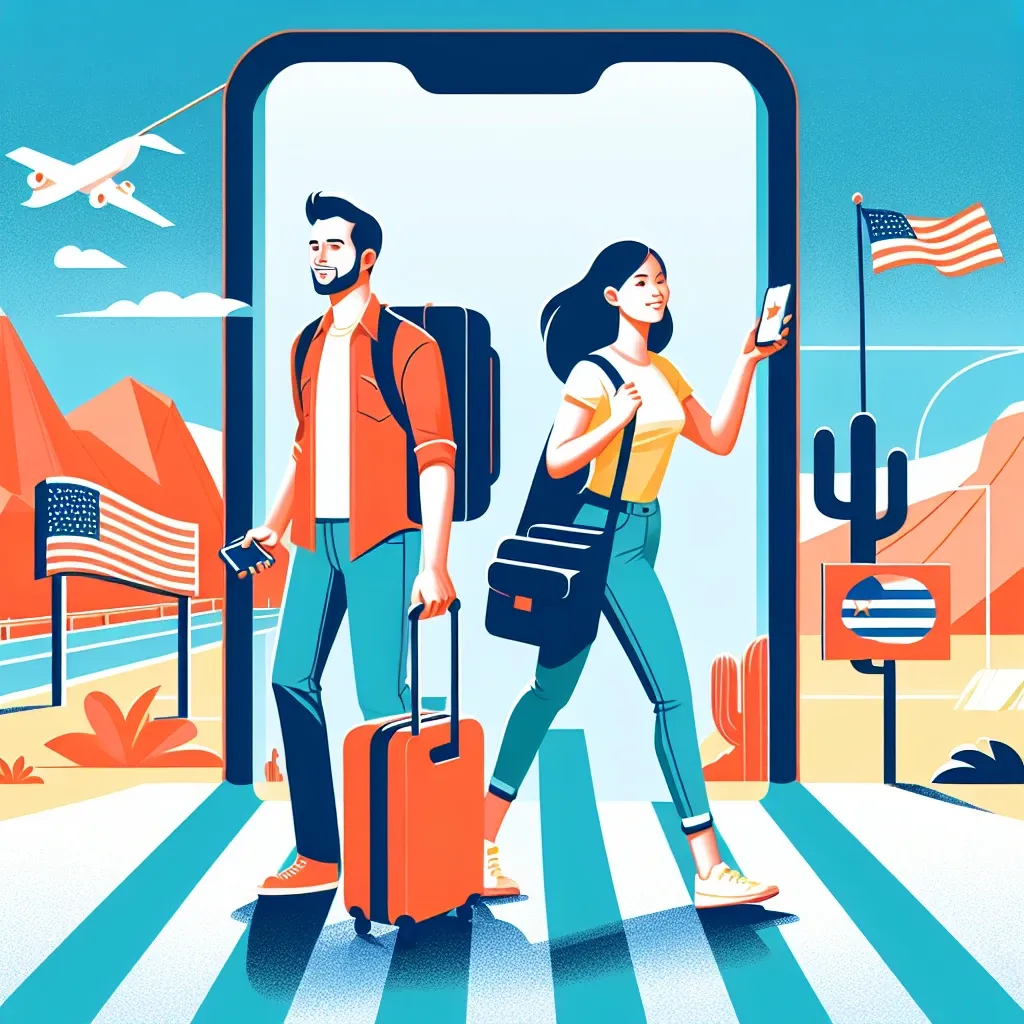 "Travel phone displaying international roaming settings and a U.S. map, illustrating the importance of staying connected while crossing U.S. borders."