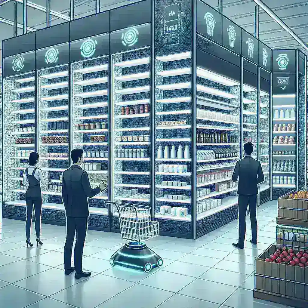 "Smart shelves equipped with AI restocking sensors at a Walmart store, enhancing inventory management and shopping experience."