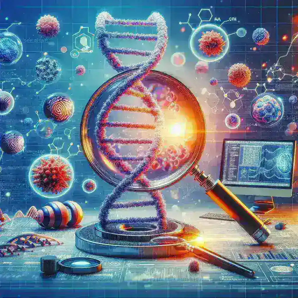 "Illustration of AI tools analyzing genetic data to identify mutations associated with autoimmune diseases, highlighting the intersection of technology and genetics in medical research."